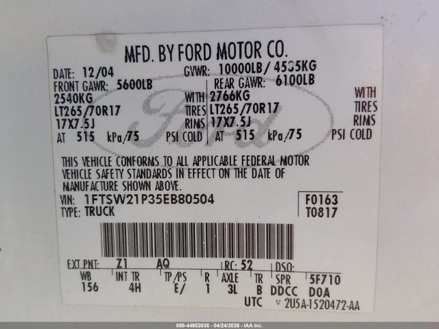 44952038 :رقم المزاد ، 1FTSW21P35EB80504 vin ، 2005 Ford F-250 Lariat/xl/xlt مزاد بيع