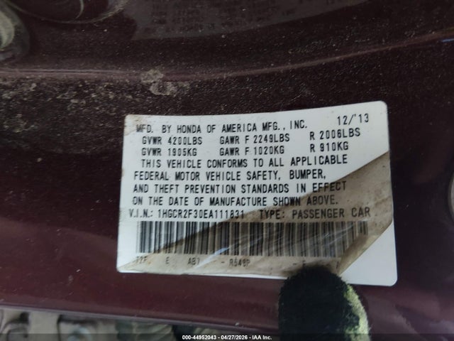 Продажа на аукционе авто 2014 Honda Accord Lx, vin: 1HGCR2F30EA111831, номер лота: 44952043