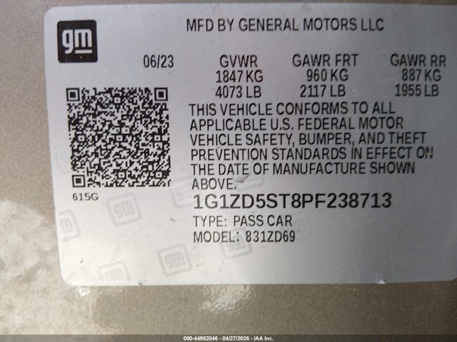Aukcja sprzedaży 2023 Chevrolet Malibu Fwd 1lt, vin: 1G1ZD5ST8PF238713, numer aukcji: 44952046