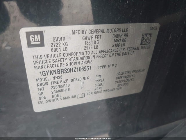 Aukcja sprzedaży 2017 Cadillac Xt5 Luxury, vin: 1GYKNBRS9HZ106961, numer aukcji: 44952063