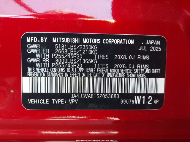 2025 Mitsubishi Outlander Se 2.5 2wd მანქანა იყიდება აუქციონზე, vin: JA4J3VA81SZ053683, აუქციონის ნომერი: 44952079