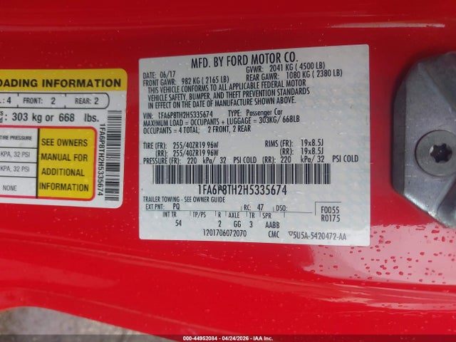 44952084 :رقم المزاد ، 1FA6P8TH2H5335674 vin ، 2017 Ford Mustang Ecoboost مزاد بيع
