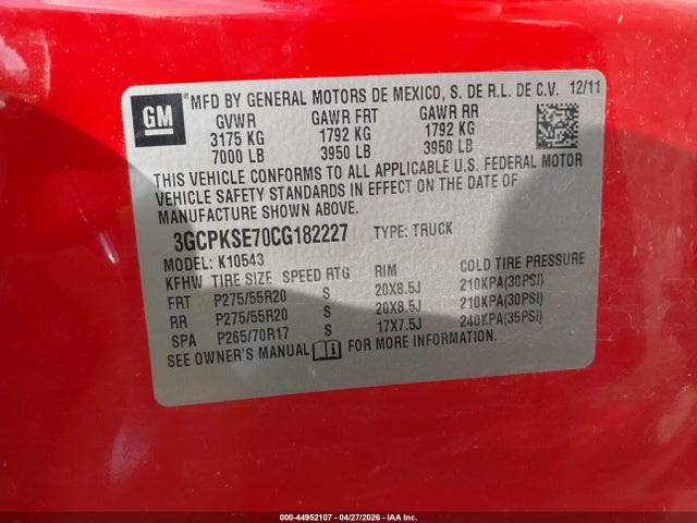 2012 Chevrolet Silverado 1500 Lt მანქანა იყიდება აუქციონზე, vin: 3GCPKSE70CG182227, აუქციონის ნომერი: 44952107
