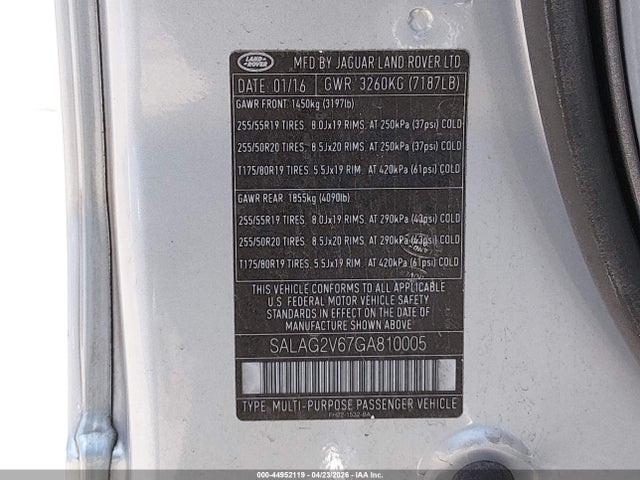 Aukcja sprzedaży 2016 Land Rover Lr4, vin: SALAG2V67GA810005, numer aukcji: 44952119