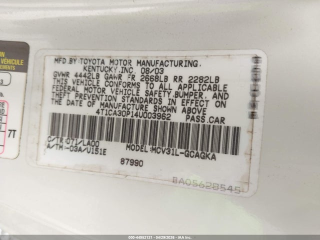 Aukcja sprzedaży 2004 Toyota Camry Solara Sle V6, vin: 4T1CA30P14U003962, numer aukcji: 44952121