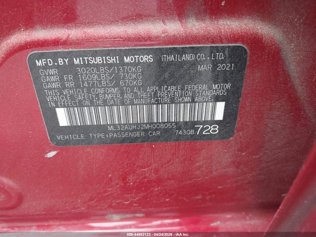 Aukcja sprzedaży 2021 Mitsubishi Mirage Carbonite Edition/es/le, vin: ML32AUHJ2MH008055, numer aukcji: 44952123