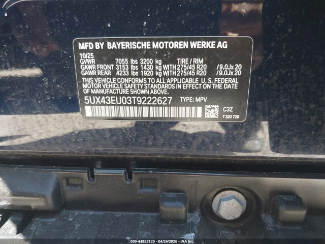 2026 Bmw X5 Phev Xdrive50e მანქანა იყიდება აუქციონზე, vin: 5UX43EU03T9222627, აუქციონის ნომერი: 44952125