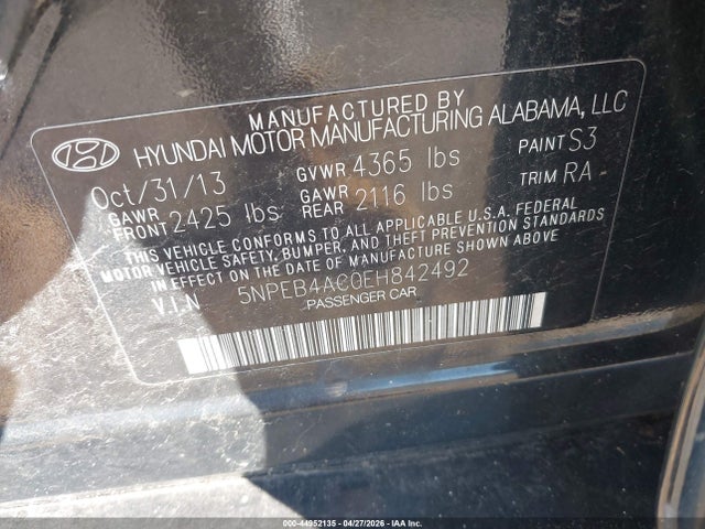 44952135 :رقم المزاد ، 5NPEB4AC0EH842492 vin ، 2014 Hyundai Sonata Gls مزاد بيع