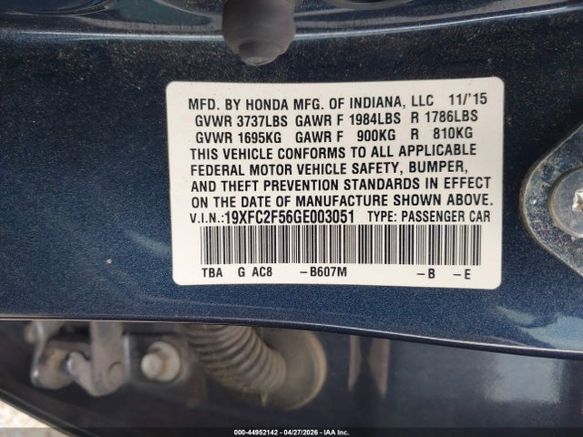 44952142 :رقم المزاد ، 19XFC2F56GE003051 vin ، 2016 Honda Civic Lx مزاد بيع