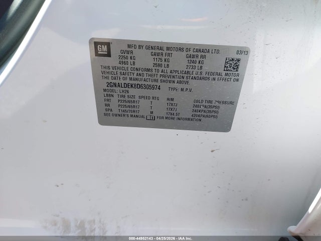 Aukcja sprzedaży 2013 Chevrolet Equinox 1lt, vin: 2GNALDEK8D6305974, numer aukcji: 44952143
