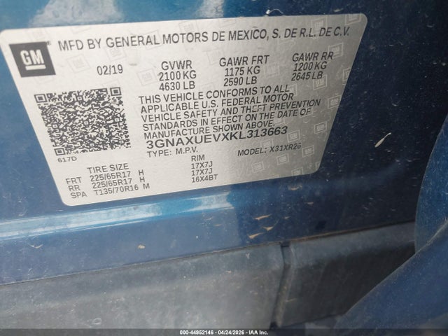 Auction sale of the 2019 Chevrolet Equinox Lt, vin: 3GNAXUEVXKL313663, lot number: 44952146