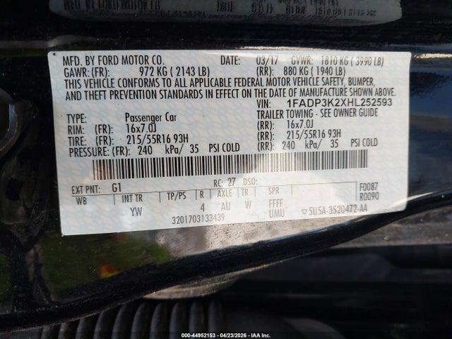 44952153 :رقم المزاد ، 1FADP3K2XHL252593 vin ، 2017 Ford Focus Se مزاد بيع