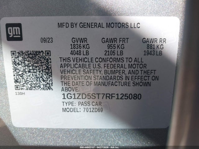 Продаж на аукціоні авто 2024 Chevrolet Malibu Fwd 1lt, vin: 1G1ZD5ST7RF125080, номер лоту: 44952157