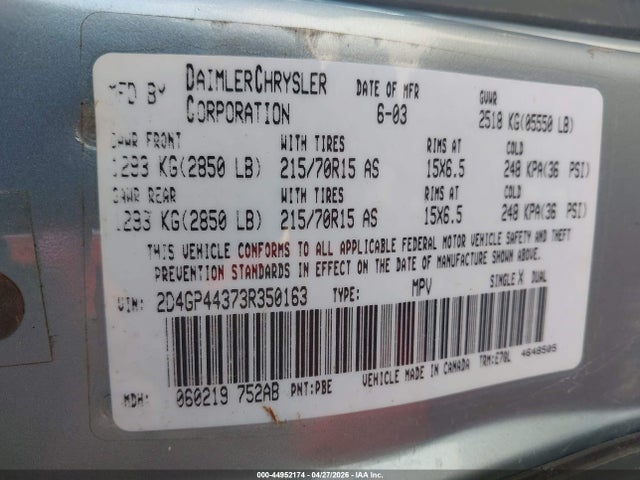44952174 :رقم المزاد ، 2D4GP44373R350163 vin ، 2003 Dodge Grand Caravan Sport مزاد بيع