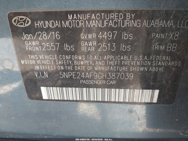 Hyundai SONATA SE 2016 5NPE24AF9GH387039 Image 9