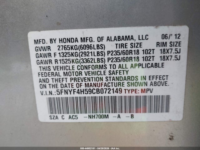 Продажа на аукционе авто 2012 Honda Pilot Ex-l, vin: 5FNYF4H59CB072149, номер лота: 44952181