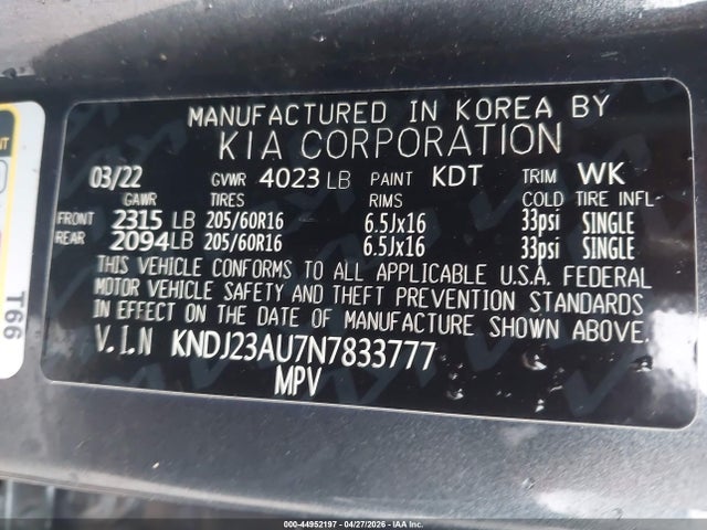 Продажа на аукционе авто 2022 Kia Soul Lx, vin: KNDJ23AU7N7833777, номер лота: 44952197