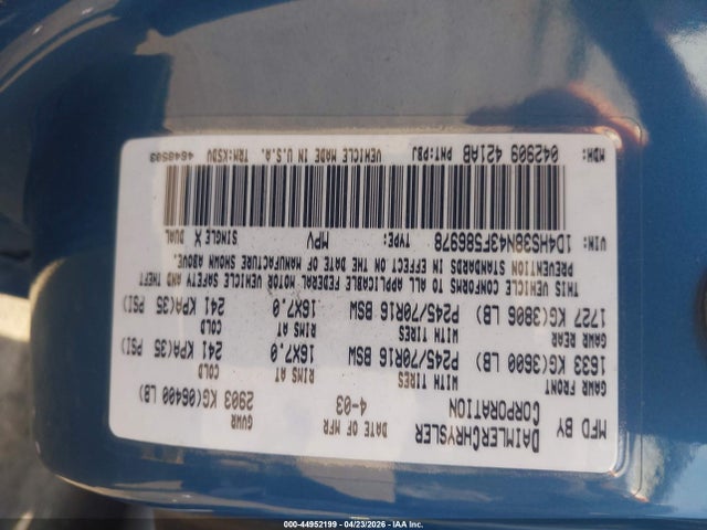 2003 Dodge Durango Sport/sxt მანქანა იყიდება აუქციონზე, vin: 1D4HS38N43F586978, აუქციონის ნომერი: 44952199