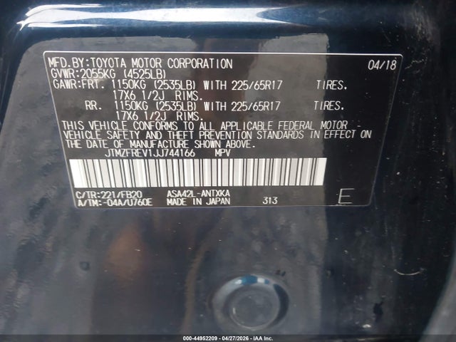 Aukcja sprzedaży 2018 Toyota Rav4 Le, vin: JTMZFREV1JJ744166, numer aukcji: 44952209