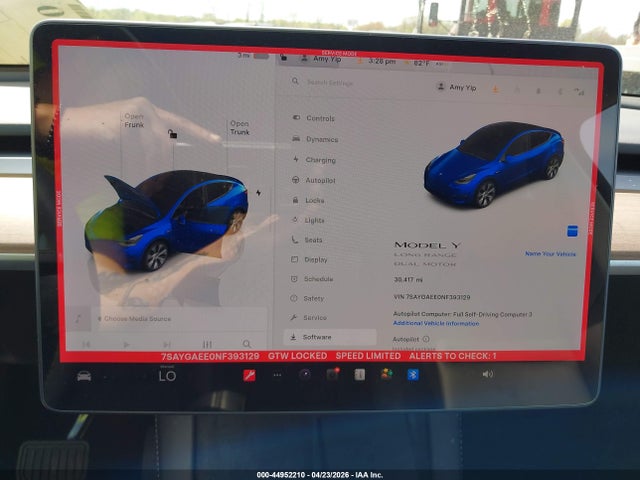2022 Tesla Model Y Long Range Dual Motor All-wheel Drive მანქანა იყიდება აუქციონზე, vin: 7SAYGAEE0NF393129, აუქციონის ნომერი: 44952210