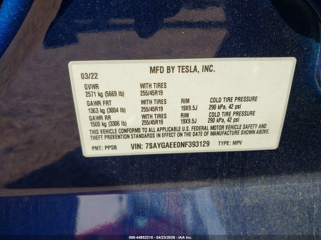 2022 Tesla Model Y Long Range Dual Motor All-wheel Drive მანქანა იყიდება აუქციონზე, vin: 7SAYGAEE0NF393129, აუქციონის ნომერი: 44952210
