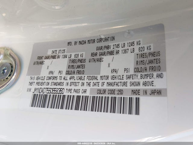Auction sale of the 2025 Mazda Mx-5 Miata Grand Touring, vin: JM1NDAD75S0658360, lot number: 44952219
