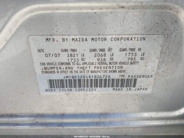 2008 Mazda Mazda3 I მანქანა იყიდება აუქციონზე, vin: JM1BK32G481804726, აუქციონის ნომერი: 44952225