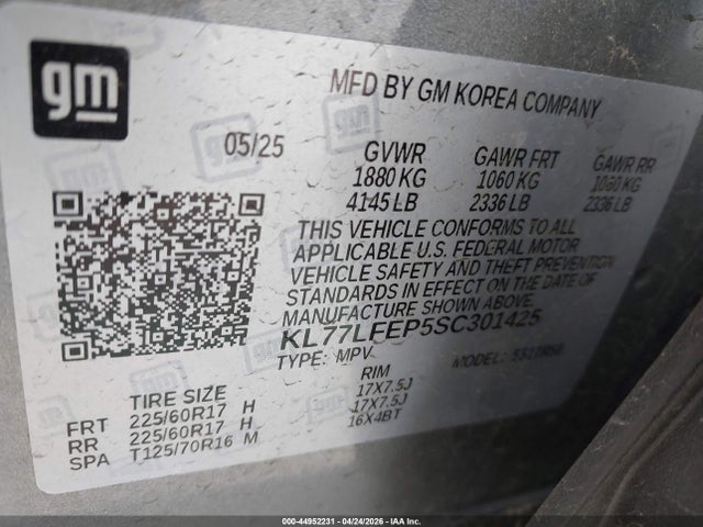 44952231 :رقم المزاد ، KL77LFEP5SC301425 vin ، 2025 Chevrolet Trax Fwd Ls مزاد بيع