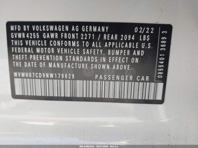 44952232 :رقم المزاد ، WVWH87CD9NW179629 vin ، 2022 Volkswagen Golf Gti 2.0t S مزاد بيع