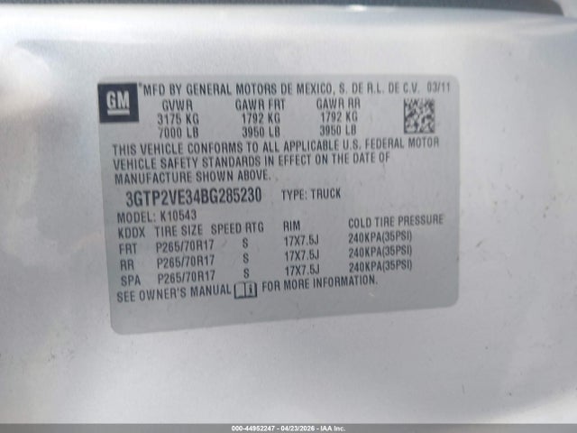 44952247 :رقم المزاد ، 3GTP2VE34BG285230 vin ، 2011 Gmc Sierra 1500 Sle مزاد بيع