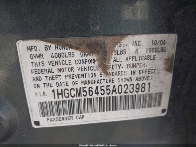 Aukcja sprzedaży 2005 Honda Accord 2.4 Lx, vin: 1HGCM56455A023981, numer aukcji: 44952248