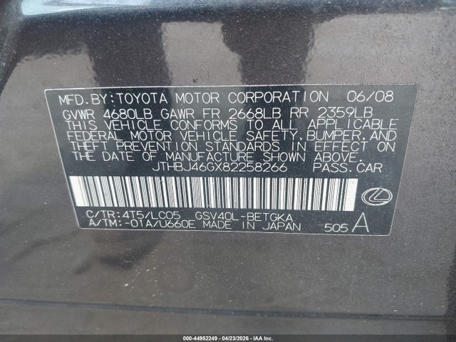 Продаж на аукціоні авто 2008 Lexus Es 350, vin: JTHBJ46GX82258266, номер лоту: 44952249