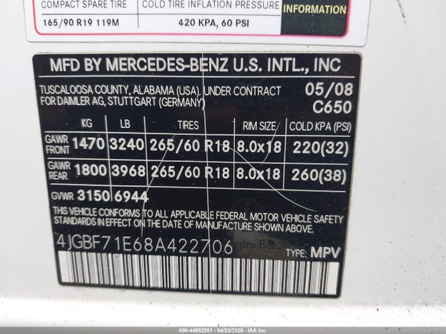 Продаж на аукціоні авто 2008 Mercedes-benz Gl 450 4matic, vin: 4JGBF71E68A422706, номер лоту: 44952251