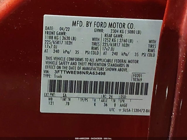 44952269 :رقم المزاد ، 3FTTW8E98NRA63498 vin ، 2022 Ford Maverick Xlt مزاد بيع