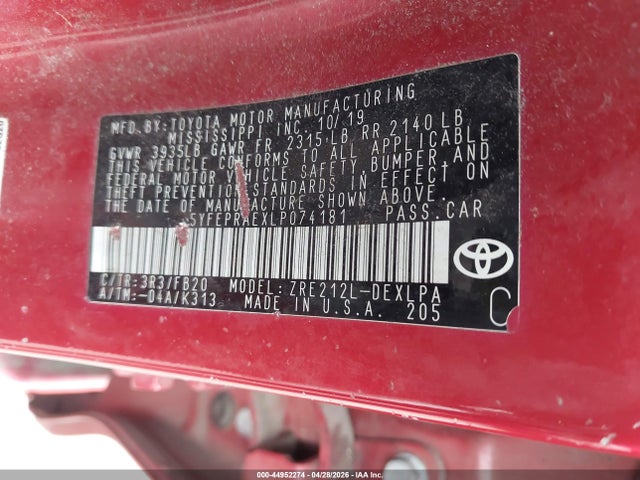 Aukcja sprzedaży 2020 Toyota Corolla Le, vin: 5YFEPRAEXLP074181, numer aukcji: 44952274