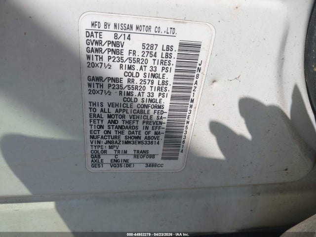 Aukcja sprzedaży 2014 Nissan Murano Le, vin: JN8AZ1MW3EW533614, numer aukcji: 44952279