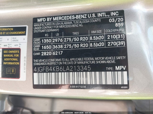 Aukcja sprzedaży 2020 Mercedes-benz Gle 350 4matic, vin: 4JGFB4KB6LA213345, numer aukcji: 44952288