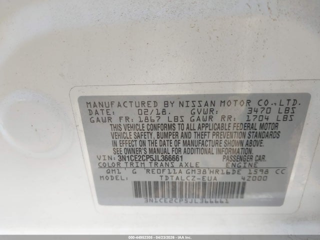 3N1CE2CP5JL366661 Nissan Versa Note S