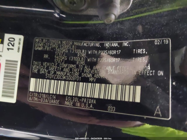 Продажа на аукционе авто 2019 Toyota Sienna Xle 8 Passenger, vin: 5TDYZ3DC9KS009701, номер лота: 44952311