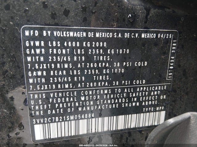 Продажа на аукционе авто 2025 Volkswagen Taos 1.5t Se Black, vin: 3VV2C7B21SM054884, номер лота: 44952312