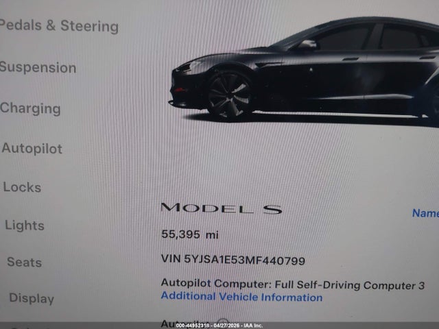 2021 Tesla Model S Long Range Dual Motor All-wheel Drive მანქანა იყიდება აუქციონზე, vin: 5YJSA1E53MF440799, აუქციონის ნომერი: 44952318