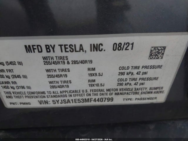 2021 Tesla Model S Long Range Dual Motor All-wheel Drive მანქანა იყიდება აუქციონზე, vin: 5YJSA1E53MF440799, აუქციონის ნომერი: 44952318