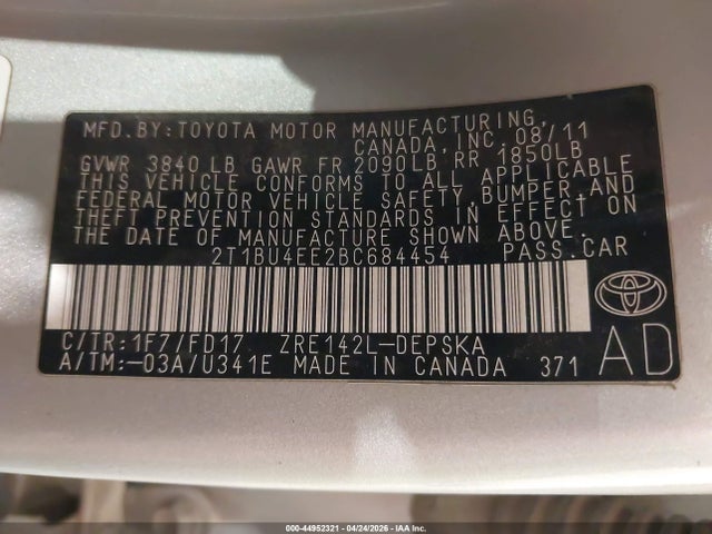 Aukcja sprzedaży 2011 Toyota Corolla S, vin: 2T1BU4EE2BC684454, numer aukcji: 44952321