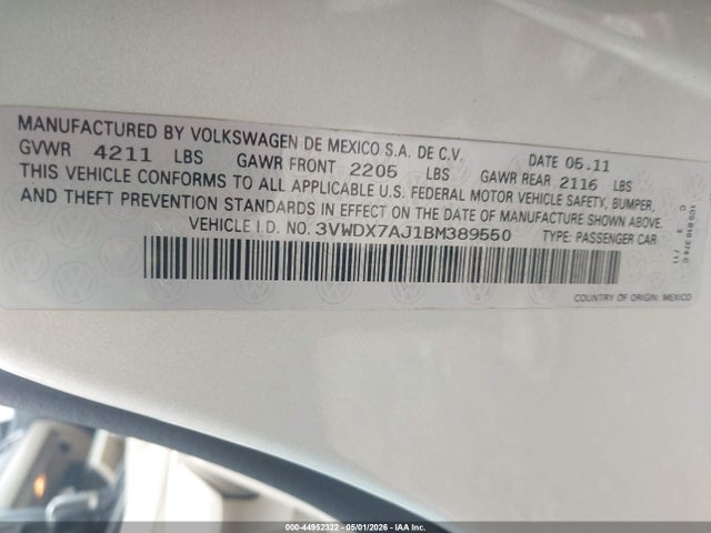 2011 Volkswagen Jetta 2.5l Se მანქანა იყიდება აუქციონზე, vin: 3VWDX7AJ1BM389550, აუქციონის ნომერი: 44952322
