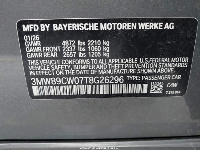 44952330 :رقم المزاد ، 3MW89CW07T8G26296 vin ، 2026 Bmw 330i Xdrive Na مزاد بيع