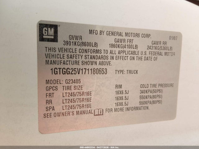44952334 :رقم المزاد ، 1GTGG25V171180653 vin ، 2007 Gmc Savana Work Van مزاد بيع