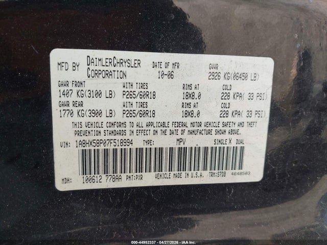 44952337 :رقم المزاد ، 1A8HX58P07F518994 vin ، 2007 Chrysler Aspen Limited مزاد بيع