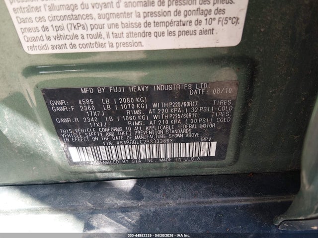 Продаж на аукціоні авто 2011 Subaru Outback 2.5i Limited, vin: 4S4BRBLC2B3333863, номер лоту: 44952339