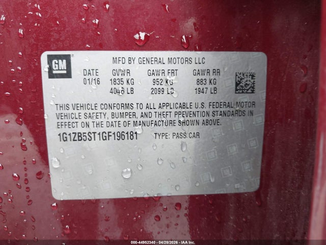 44952340 :رقم المزاد ، 1G1ZB5ST1GF196181 vin ، 2016 Chevrolet Malibu Ls مزاد بيع