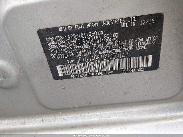 44952350 :رقم المزاد ، JF1GJAB61GH009147 vin ، 2016 Subaru Impreza 2.0i Premium مزاد بيع